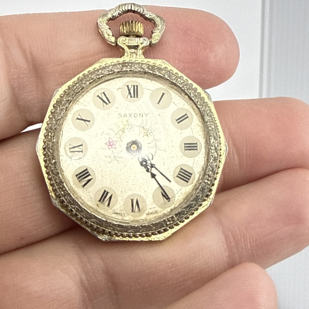 Vtg Saxony Swiss Pocket Watch or Pendant 1-1/4" Diameter‎ Untested, Hands Move
